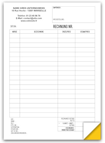 >Personalisierte< Rechnung selbstdurchschreibend mit farbigem Durchschlag, mit Netto- und Bruttobetrag, MwSt. uvm.n weiß/gelb, 50 Blatt - UTTSCHEID (Personalisierte, 1)