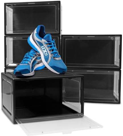 BITUXX LEX21 Schuhbox Stapelbar Aufbewahrungsbox Kunststoffbox Schuhkasten Schuhkarton Schuhorganizer bis Gr.47 (Schwarz, 6er Set)