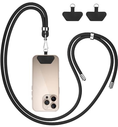 COCASES Handyband Universal mit 2 Pads, Handy Lanyard zum Umhängen mit 2 Stück Patchs, Handygurt aus Nylon kompatibel mit jeden Smartphones, Umhängenband Abnehmbar für meisten Hülle Dunkelschwarz