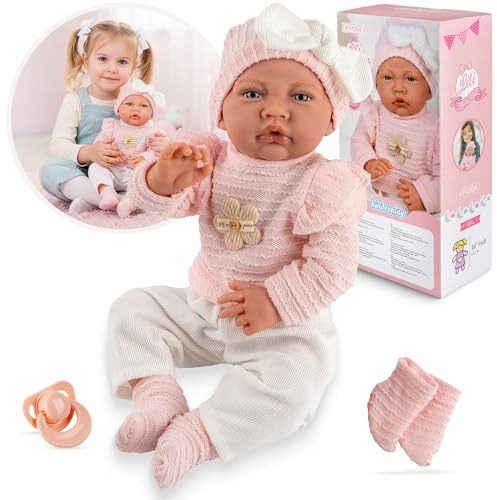 Kinderplay Lili Babypuppe 41 cm, realistische Weichkörperpuppe mit Geräuschfunktion und Schnuller, rosa Outfit, waschbare Kleidung, interaktive Puppe ab 3 Jahren, CE, Modell KP4204