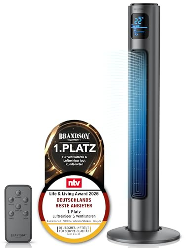 Brandson - Turmventilator mit Fernbedienung 96 cm - Preisträger 2026 - mobiler Lüfter leise - Standventilator mit Oszilation - 3 Geschwindigkeiten 3 Lüftungs-Modi Timer - Ventilator mit GS - Cool Grey