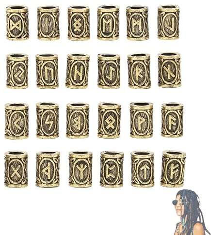 24 Stück Wikinger Bartperlen aus Bronze mit Runen – Vintage Haar Schmuck Für Frauen Männer, Zinklegierung, ideal zum Bart flechten, als Armband oder für Rastalocken. Geschenk für Wikinger Liebhaber