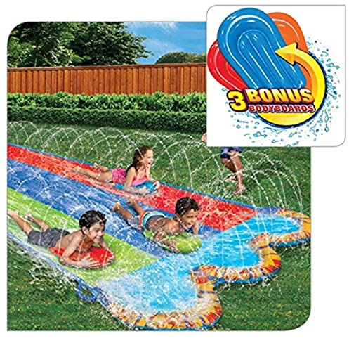 BANZAI Speed Triple Wasserbahn Duell Wasserrutsche 487 cm mit Sprinkler mit 3 Bodyboards