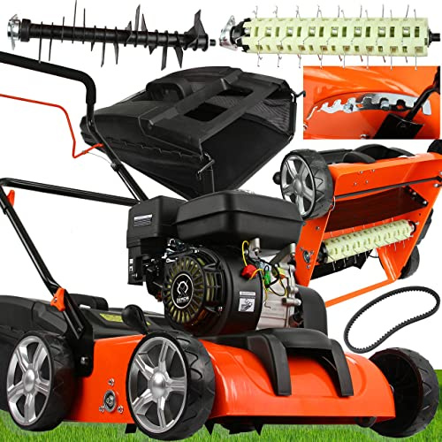 IMJ-Global Vertikutierer 3 in 1 5 PS mit Verbrennungsmotor 196 cc 3,8 kW 4-Takt-Motor Benzin für Rasen | 2 austauschbare Rollen | 8 Höheneinstellungen | Korb inklusive
