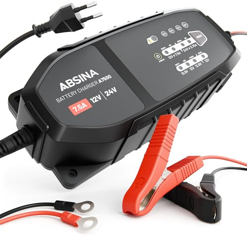 ABSINA 12V & 24V Batterieladegerät KFZ 7,5 A für Blei Batterie bis 240Ah / 12,8V Lithium - Ladegerät 24V & 12V für Auto Wohnmobil LKW UVM - Erhaltungsladegerät, Batterie Ladegerät Autobatterie