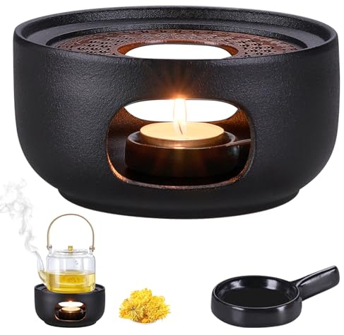 Stövchen für Teekanne Keramik, Teewärmer mit Teelichthalter, Porzellan Teekannenwärmer, Kaffeewärmer Teestövchen für Tee, Kaffee und Milch - Schwarz (Ohne Kerze)