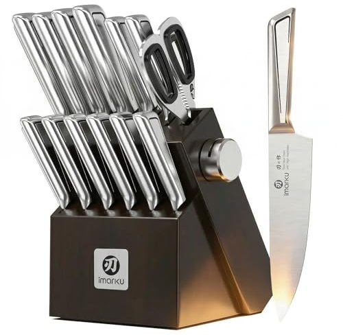 imarku Messerblock mit Messer & integriertem Schleifer, 14-teiliges Küchenmesser Set aus japanischem Edelstahl, spülmaschinenfest, ergonomische Griffe – ideal für Hobbyköche & Geschenk