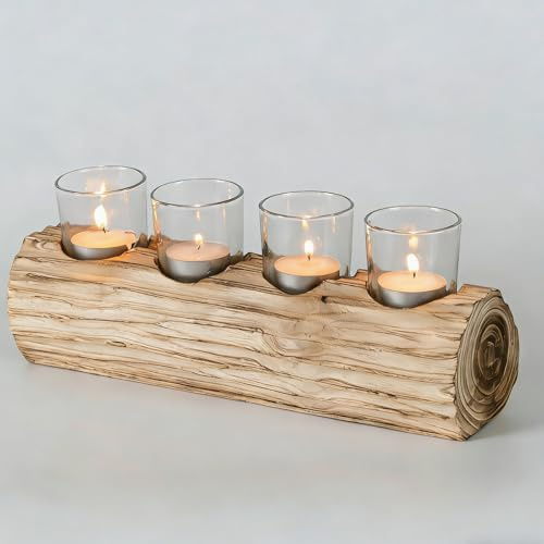 Romadedi Adventskranz Holz Länglich Kerzenhalter：mit 4 Glas Kerzenständer Adventszahlen für 4 Kerzen Modern Adventskerzenhalter für Adventsgesteck Weihnachten Wohnzimmer Deko Adventsdeko, 38cm Lang