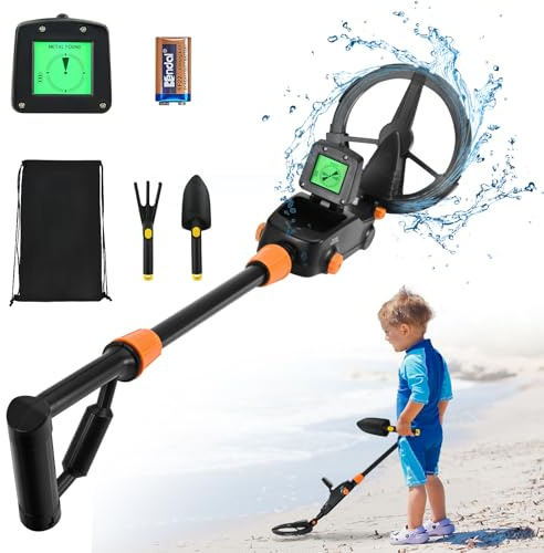 Metalldetektor Kinder, Leichtgewicht Metallsuchgeräte mit LCD und TON-Anzeige, Hochempfindlicher Metallsuchgerät mit wasserdichter Suchspule für Kinder oder Anfänger(Schwarz mit Zubehör)
