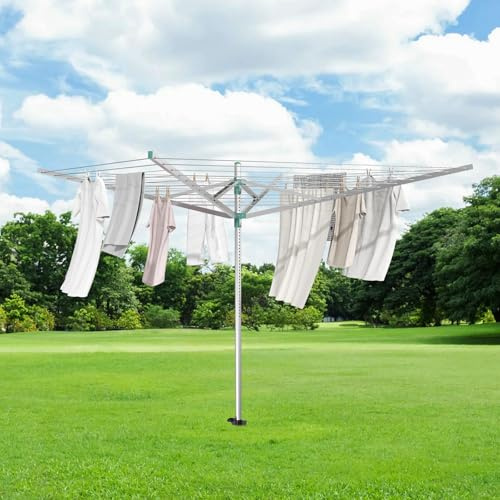 Innotic Wäschespinne für Draußen mit 56m Wäscheleine und Bodenhülse, Rostfreier Stahl, Wasserdicht, Höhenverstellbar Garten Wäscheständer für Traglast 28 kg Wäscheladungen
