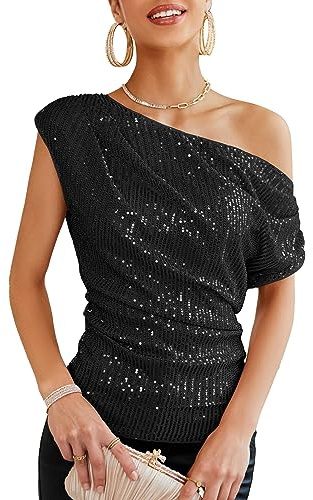 GRACE KARIN Damen Pailletten Oberteil One-Shoulder, Asymmetrisch & Voll Gefüttert, Festliches Party Outfit Schwarz M