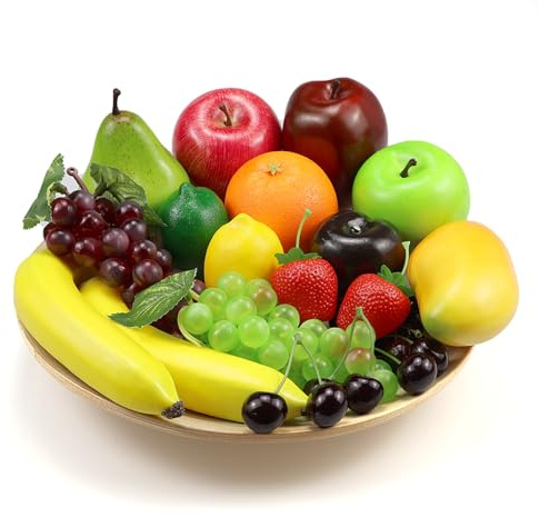 Ikosora 20 Stück Gefälschte Obstpackungen, Künstliche Früchte Für Dekorationsparty, Realistische Gefälschte Früchte Tisch -Zentrum Dekoration Heimküche, Lebensechte Kunstfäule Apfel Bananen Trauben