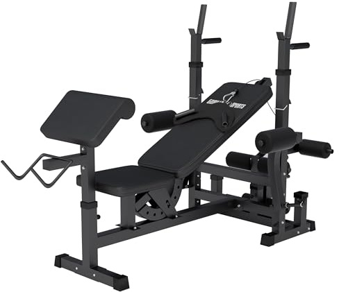 GORILLA SPORTS® Multifunktion Hantelbank - Verstellbar, mit Langhantel-Ablage, Curlpult und Butterfly, Dip-Station, Beincurler, Bankdrücken, Schwarz/Weiß - Trainingsbank, Kraftstation, Fitness Bank