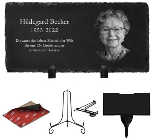 ETERNEL - Personalisierte Gedenktafel mit mehreren Trägermaterialien, zum Einpflanzen oder Aufkleben, Schiefer oder Granit, zum Aufstellen, Foto und Text nach Wahl, Grabplatte, Grabstätte, Verstorbene