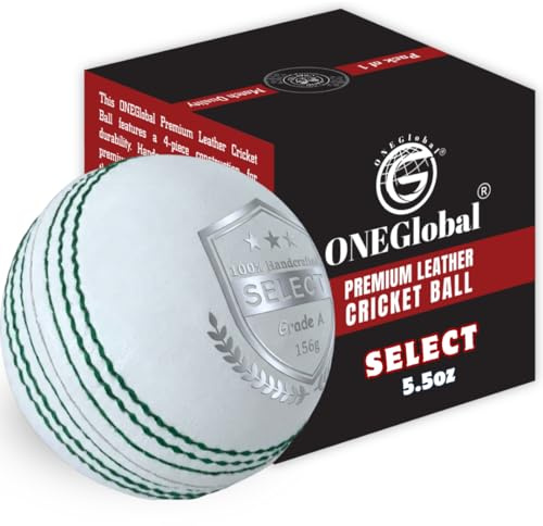 ONEGlobal Select Leder-Cricketball für Match, Übung und Training, Senioren, 156 g & Junior, 135 g, harte Cricketbälle aus echtem Leder, Rot, Weiß, Rosa oder Rot und Weiß (1-Weiß, Senior)