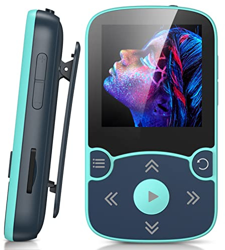 AGPTEK MP3 Player Bluetooth 5.0 Sport 32GB mit 1,5 Zoll TFT Farbbildschirm, Mini Musik Player mit Clip, Unterstützt bis 128GB TF Karte, mit unabhängiger Lautstärketaste, Blau