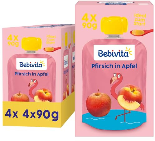 Bebivita Pfirsich in Apfel Quetschie – 16 Stück (4er Pack, je 4 x 90g), ohne Zuckerzusatz, glutenfrei, vegan, ideal für Babys ab 5. Monat, perfekt für unterwegs