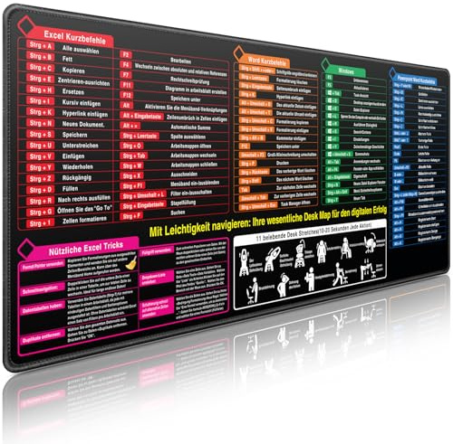 Excel Shortcuts Schreibtischunterlage Deutsch Word Windows PPT 900 x 400mm | Mauspad XXL groß für Office, Anti Rutsch Mousepad für Büro und Zuhause
