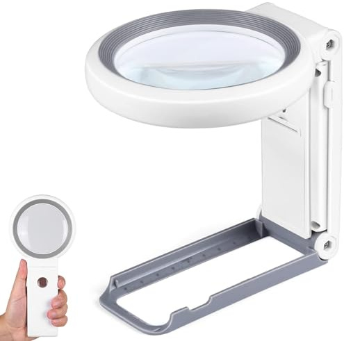 KIBTOY Lupe mit Licht und Ständer, Leselupe mit 18 LEDs und 3 Lichtmodi, Echte Glaslinsen Dimmbare Faltbare Großlupe für Senioren, Münzen, Makuladegeneration (Weiß)