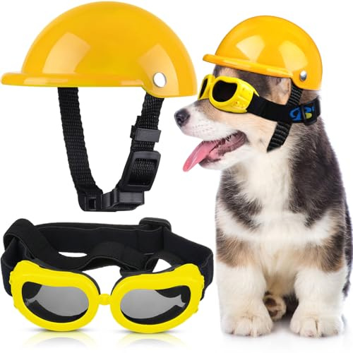 Haustier-Hundehelm und Hundebrillen-Set, gepolstert, 10.2 cm, Motorradhelm, Hunde-Sonnenbrille, Sicherheitskappe, entzückende Welpenbrille mit verstellbarem Gürtel für kleine Hunde, Größe S (Gelb)