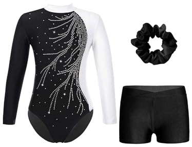 Alvivi Mädchen Turnanzug Glitzer Gymnastikanzug Langarm Gymnastik Leotard mit Kurze Hose Haarband Gymnastikbody Turntrikot Wettbewerb Tanzkostüm A Weiß&Schwarz 134-140