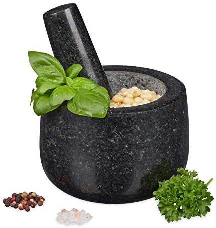 Relaxdays Granit Mörser mit Stößel, robust & langlebig, Gewürze, Kräuter, polierter Steinmörser, Ø 12 cm, 300ml, schwarz