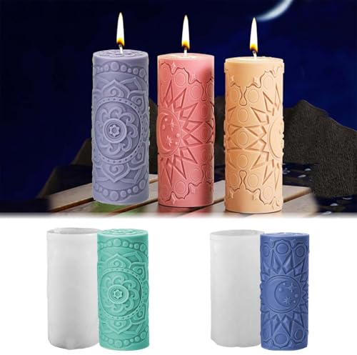 TREABEAR 2PCS Silikonformen Gießformen Säule, Säule Kerzenwachs Zum Gießen mit Mond Und Sterne, Zylinderförmig Kerzenformen Blumenmuster, Silikonformen Kerzen für Die Herstellung von Kerzen Duftkerzen