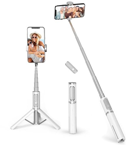 ATUMTEK Selfie Stick Stativ, 3-in-1 Ausziehbares Aluminium Handy Stativ mit kabelloser Bluetooth-Fernbedienung, Kompatibel mit iPhone 17/16/15/14/13/12 mini/11 Pro und Samsung Smartphones, Weiß