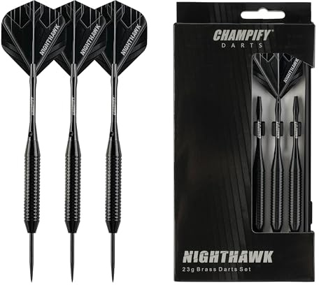 Champify® 23g Messing Darts Set “Nighthawk” mit Stahlspitze | 3 Dartpfeile mit 6 Schäften & Flights | inkl. weiteres Zubehör | Dartpfeile mit Stahlspitzen