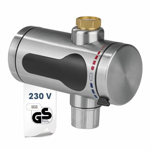 MAXXMEE elektrischer Edelstahl Durchlauferhitzer kompakt | sofort warmes Wasser im Außenbereich | Wasserhahn für Garten, Garage, Outdoor Dusche, Werkstatt, Camping, Wohnwagen u. v. m. | 220–240 V