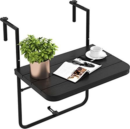 COSTWAY Balkontisch zum Einhängen, klappbarer Balkonhängetisch mit 3-stufig Verstellbarer Höhe, Klapptisch Hängetisch wetterfest, für Balkongeländer, 60 x 40 cm, Schwarz