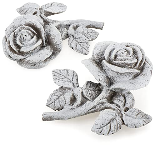 com-four® 2X Grabdekoration Rose - Gedenkstein der Hoffnung und Reinheit - Blumen-Trauerstein - wetterfester Grabschmuck - Gartendekoration in Steinoptik - Erinnerungsstein (2 Stück - Rose)