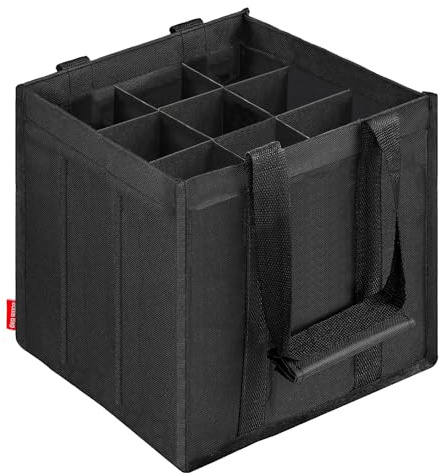 Enbagold Flaschentasche 9 Fächer je 1,5 Liter, Faltbar Flaschenträger, Nylon Männerhandtasche mit Trennwänden, Flaschen Einkaufstasche für Wasserflaschen, Weinflasche, Bier und Sekt - Schwarz