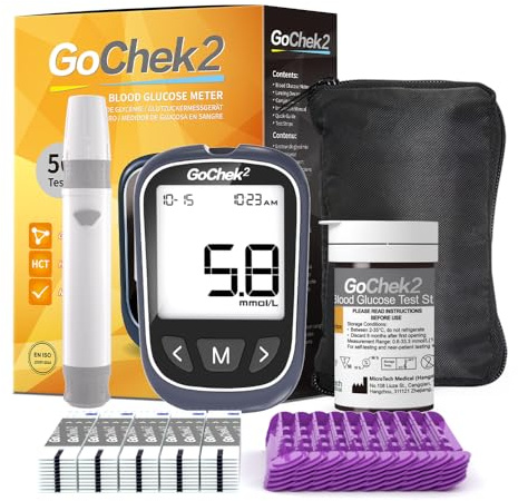 MicroTech Blutzucker-Messgerät Kit 50 Streifen & Lanzetten, ohne Codierung, 500 Speicher, breiterer HCT für die Familie (mmol)