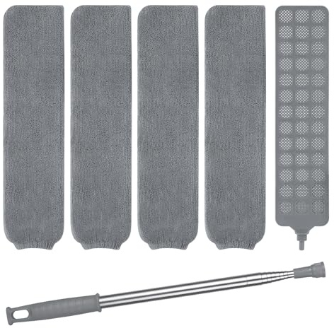Vicloon Staubwedel Flach, Bedside Dust Brush, Dehnbarer Staubwedel Duster mit Edelstahl Teleskop Stange, mit 3 Abwaschbaren Tüchern, Staubbürste für Schlafsofa Möbelboden Haushaltslücke Schrank Staub