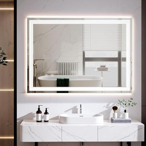 Clevich Badspiegel mit Beleuchtung 80×60 cm, LED Spiegel mit 3 Lichtfarben Dimmbar, Gehärtetes Glas Explosionsschutz, Touch-Schalter, Memory-Funktion, Beschlagfrei, Badezimmerspiege mit Licht