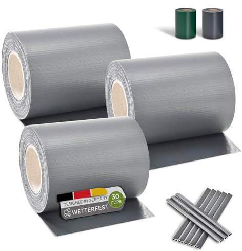 Juskys Sichtschutzstreifen für Doppelstabmatten PVC, Zaun (3er Set) - 3 Rollen á 35m x 19cm - 90 Befestigungsclips - Zaunfolie Sichtschutz Windschutz - hellgrau