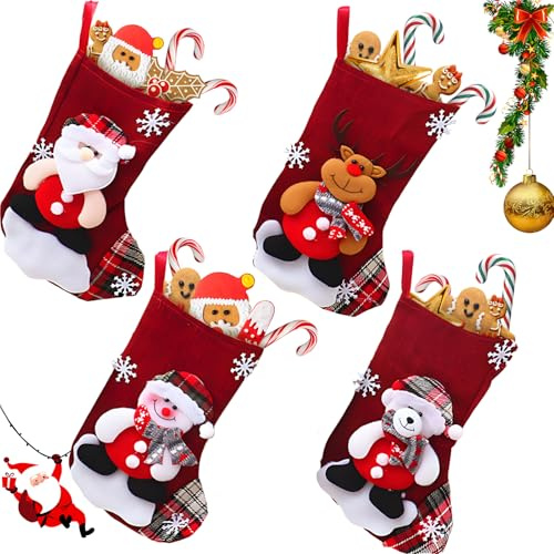 ZoneYan 4er Set Weihnachtsstrumpf, 3D Nikolausstrumpf, Weihnachtsstrumpf Geschenktüte, Nikolausstiefel zum Befüllen, Weihnachtsdekoration für Kamin, Weihnachtsbaum, Weihnachtsfeier Dekorieren