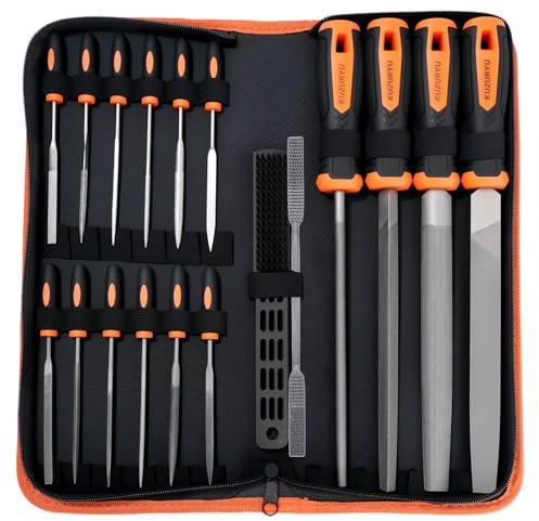 KUZURYU 31-teiliges Metallfeilenset: 4 Stahlfeilen, 12 Nadelfeilen, Riffler-Feile, Stahlbürste, 12 Schleifpapierbögen, Handschuhe & Werkzeugtasche – für präzise Metall- und Holzverarbeitung
