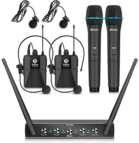 D Debra 4 Kanal UHF Mikrofon Kabellos Set,AU400 mit Handmikrofon/Bodypack Transmitter/Headset Funkmikrofon/Lavalier Ansteckmikrofonen,für Kirche, Karaoke, Gesang(2 Handmikrofon & 2 Bodypack(B))