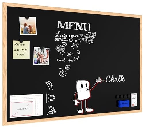 ALLboards Kreidetafel Magnetisch mit Naturholzrahmen 90x60cm, Magnettafel Schwarz, Kreide