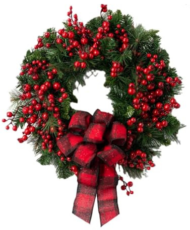 Xiyocadt 40 cm Künstlicher Weihnachtskranz Tannenkranz Türkranz, Beeren Weihnachtsdeko Türkranz Weihnachten Adventskranz Künstlicher Kranz Weihnachten Girlande Winterkranz (Rot,30cm)