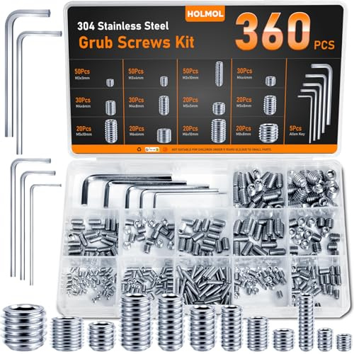 HOLMOL Madenschrauben Set 360 Stück, Madenschrauben Set Edelstahl, Innensechskant Gewindestifte mit 5 PCS Schraubenschlüssel, M3/M4/M5/M6/M8 Madenschraube Türklinke für Reparaturen