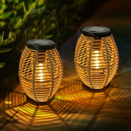 Solarlampen für Außen Hängend, 2 Stück Rattan Solar Laternen für Draußen mit LED-Glühbirne,IP44 Wasserdicht Garten Solarleuchten für Außen,Solar Lampe Outdoor für Patio Terrasse Balkon Deko Wetterfest