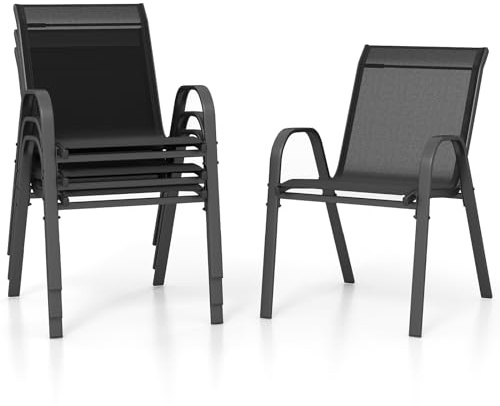 GOPLUS Gartenstühle 4er Set, Bistrostuhl stapelbar mit Rückenlehne Armlehne, Balkonstuhl aus Metall bis 150 kg belastbar, Stapelstuhl Essstuhl Outdoor für Garten Terrassen Balkon Pool (Schwarz)
