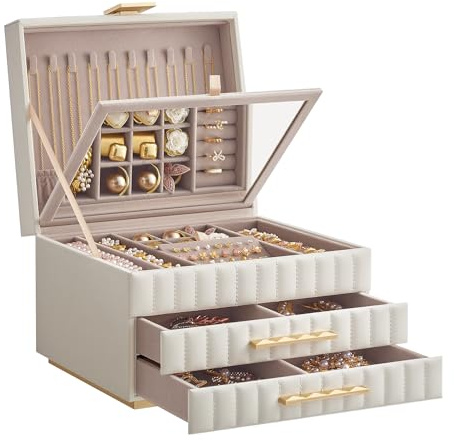 SONGMICS HOME ANAH Kollektion - Schmuckkästchen mit Spiegel 3 Ebenen, Schmuckaufbewahrung 2 Schubladen, PU mit Nähten, schwebender Effekt, 21,5 x 24 x 15,8 cm, Geschenkidee, wolkenweiß JBC183W01