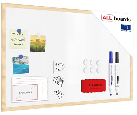 ALLboards Whiteboard mit Holzrahmen 80x50cm Magnettafel Weiß Magnetisch, Trocken Abwischbar