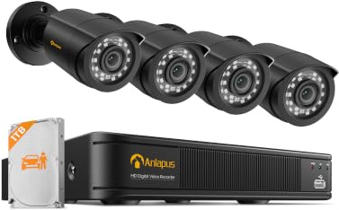 Anlapus 1080P Außen Überwachungskamera Set 8CH H.265+ 1TB DVR 2MP HD Kamera | 4 Bullet Kameras 24M IR Nachtsicht, PC/Mac-kompatibel