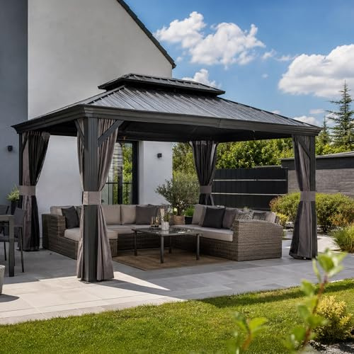 PURPLE LEAF Pavillon 3 x 3.65 m Entwässerungssystem Alu Rahmen, Grau | Entwässerungssystem, Verbreiterte Aluminiumsäule, Rostfreies Metalldach, Doppellagige Seitenteile Abnehmbar und Waschbar