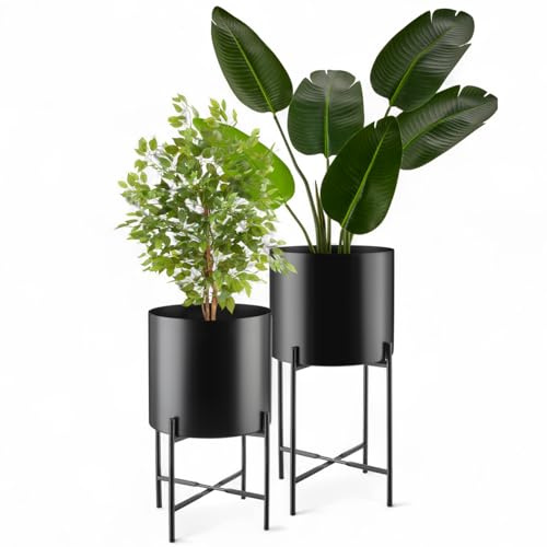 tectake® Pflanzenständer 2er Set, Blumenständer, Metall Blumentopf, abnehmbare Übertöpfe, Blumentöpfe als Deko Wohnzimmer, Übertopf für Innen und Außen, Blumenhocker mit Füßen und Übertopf - schwarz